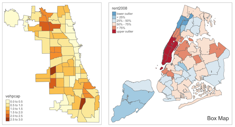 Choropleth Map of Abandoned Vehicle Per Capita in Chicago and Box Map of Rent in NYC